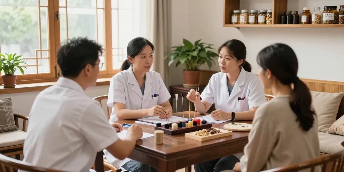 Consultation at 수원교통사고한의원 with healthcare professionals discussing treatment plans.