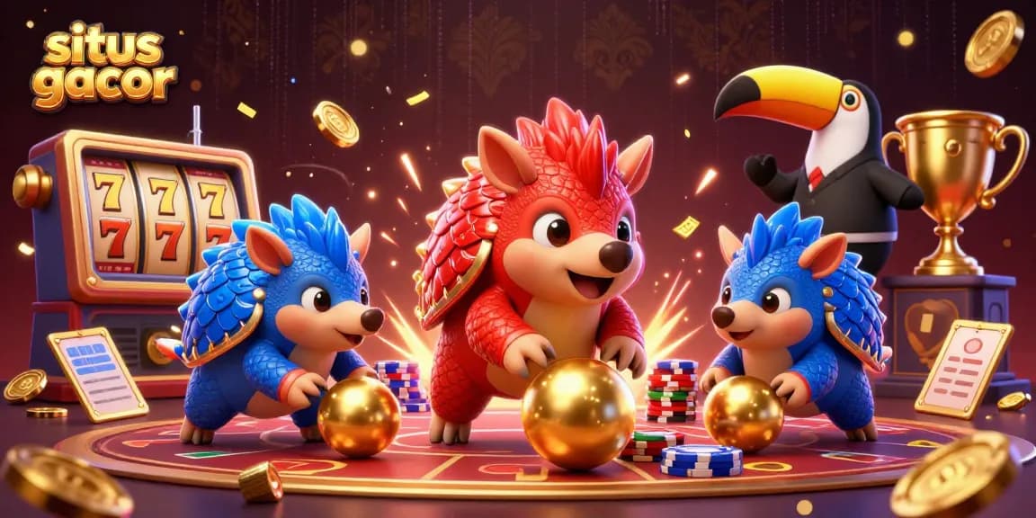 Play the situs gacor slots with animated pangolins and jackpot symbols in a vibrant casino atmosphere.