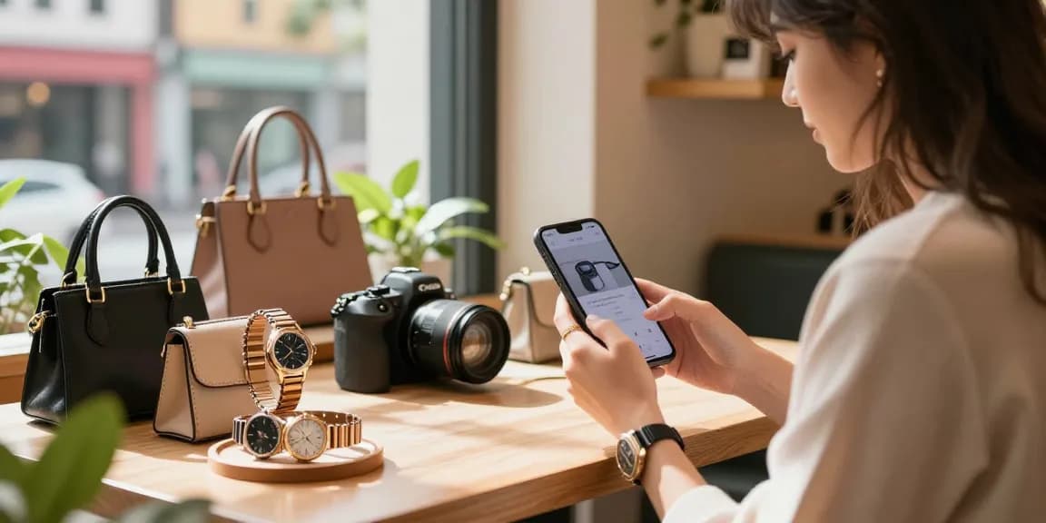 Engaging e-commerce shopping at a trendy café, exploring high-quality 레플리카 사이트 fashion accessories.