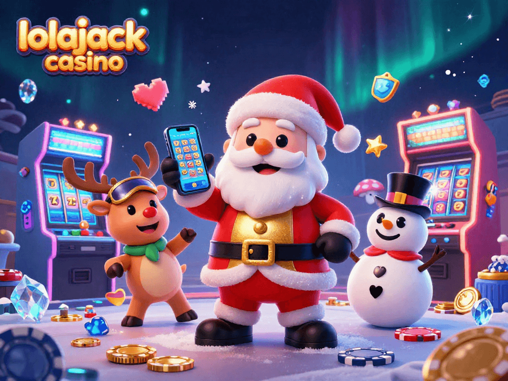 Experience festive fun at lolajack casino with Santa, reindeer, and a chip-hat snowman in a vibrant gaming scene.