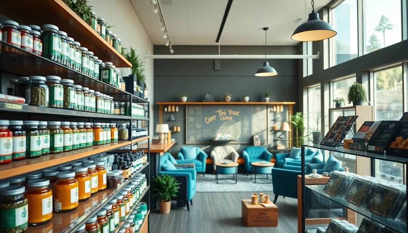 Showcasing a Weed Store interior with vibrant cannabis products and a warm atmosphere.