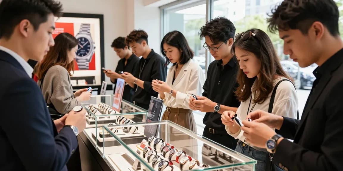Stylish shoppers exploring premium 시계 레플리카 at a modern retail space, showcasing luxury and engagement.