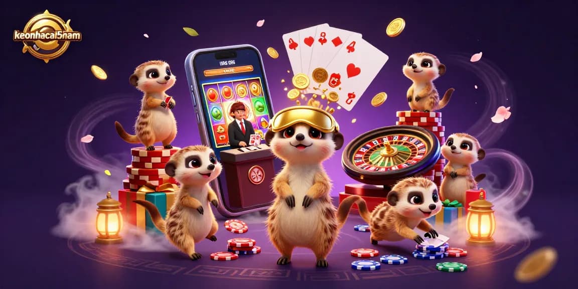 Watch keonhacai5nam meerkats engaging in vibrant casino action with colorful slot games and golden coins.