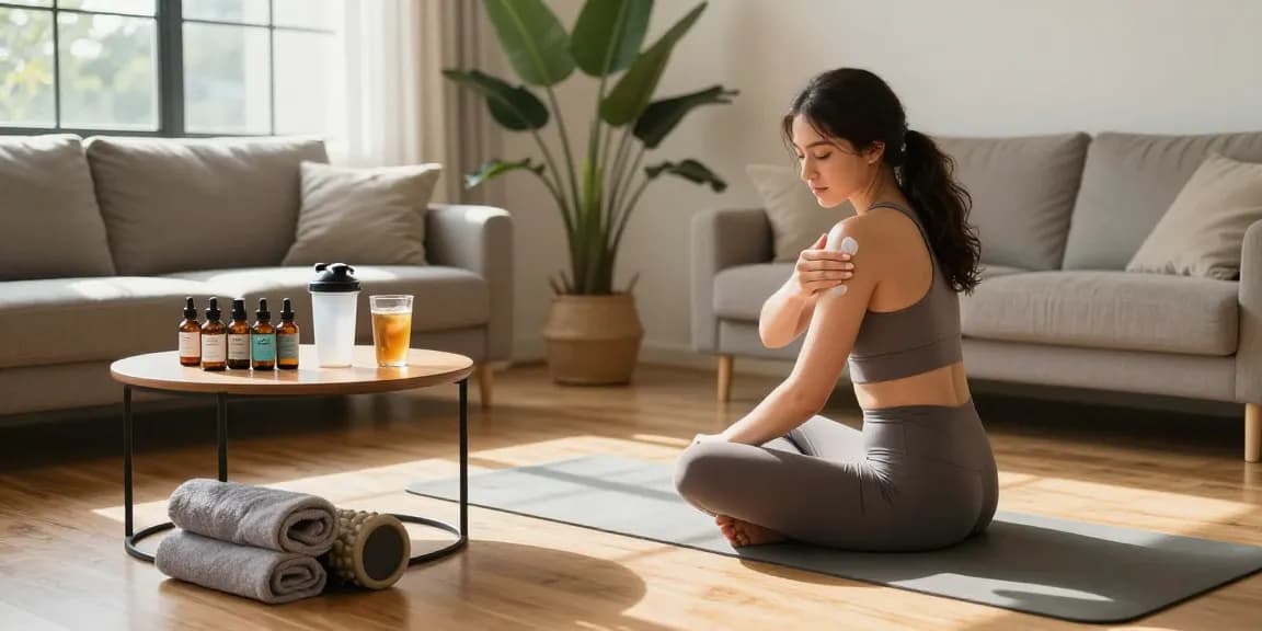 Ministry of Cannabis CBD recovery cream application in a serene living room setting, highlighting wellness and organic ingredients.