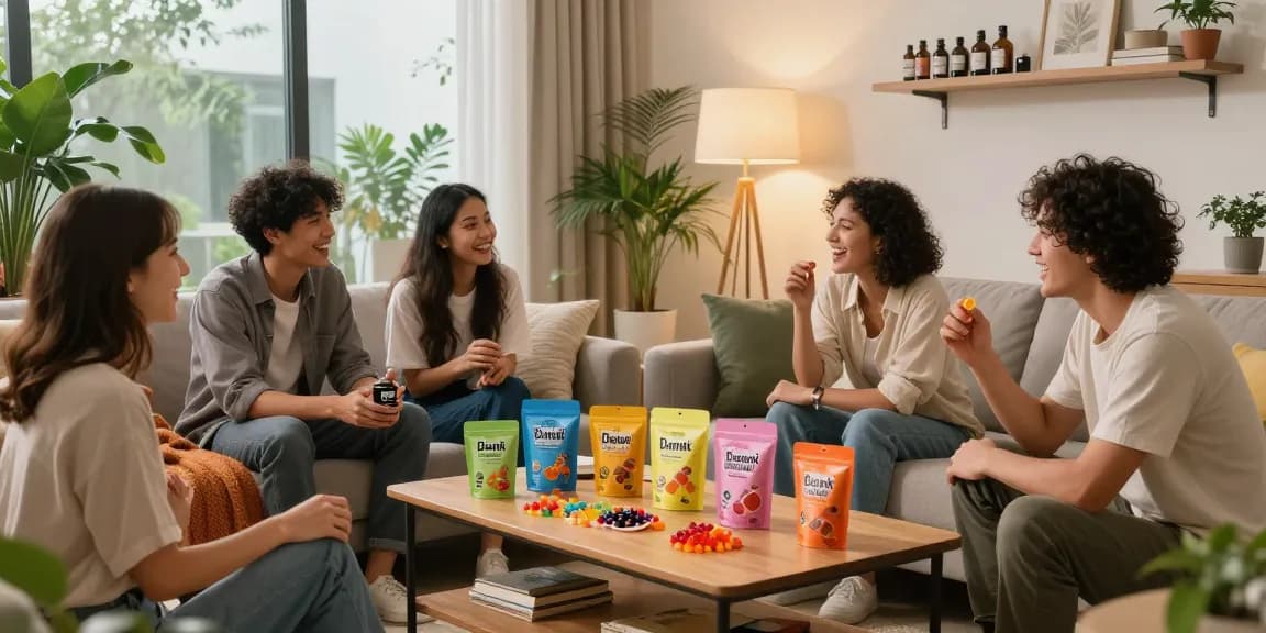 Dank gummies and CBD wellness products on a cozy living room table during an evening gathering with friends enjoying natural flavors and relaxation.