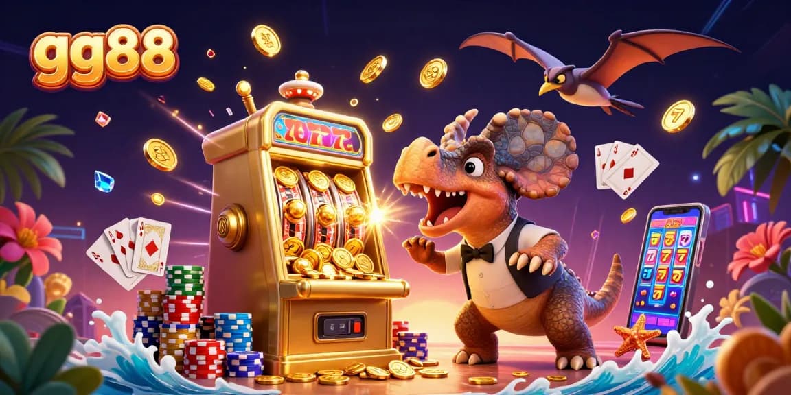 gg88 combines thrills as dinosaurs bring luck, hitting jackpots with flying coins and excitement.