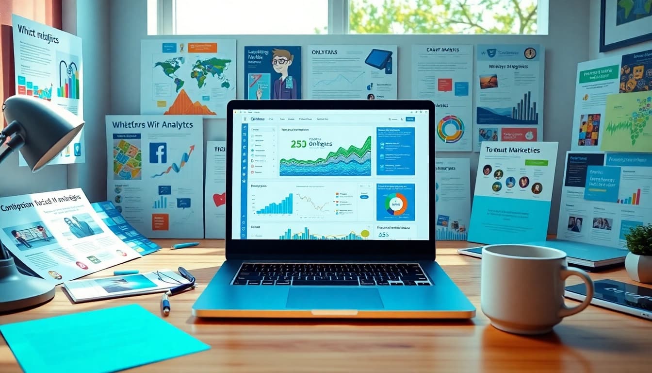 OnlyFans marketing tools showcased in a modern workspace with analytics software and vibrant marketing materials.