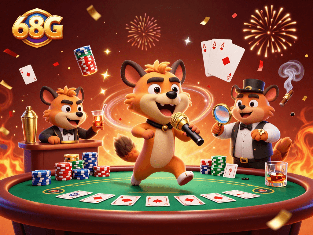 Hyenas animadas em cassino 68G, bartender e comidas, com confete e fogos de artifício.