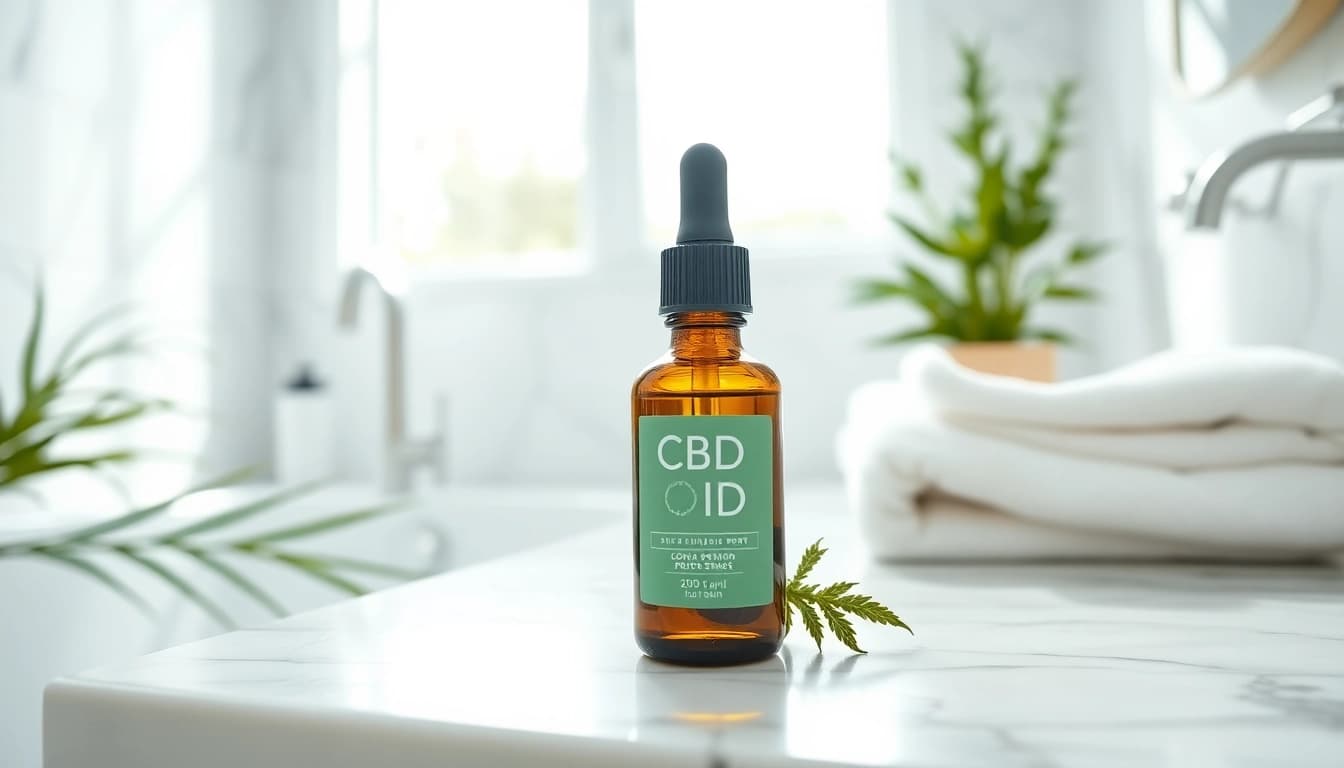 Applying CBD oil for skin in a serene bathroom atmosphere enhances natural beauty.