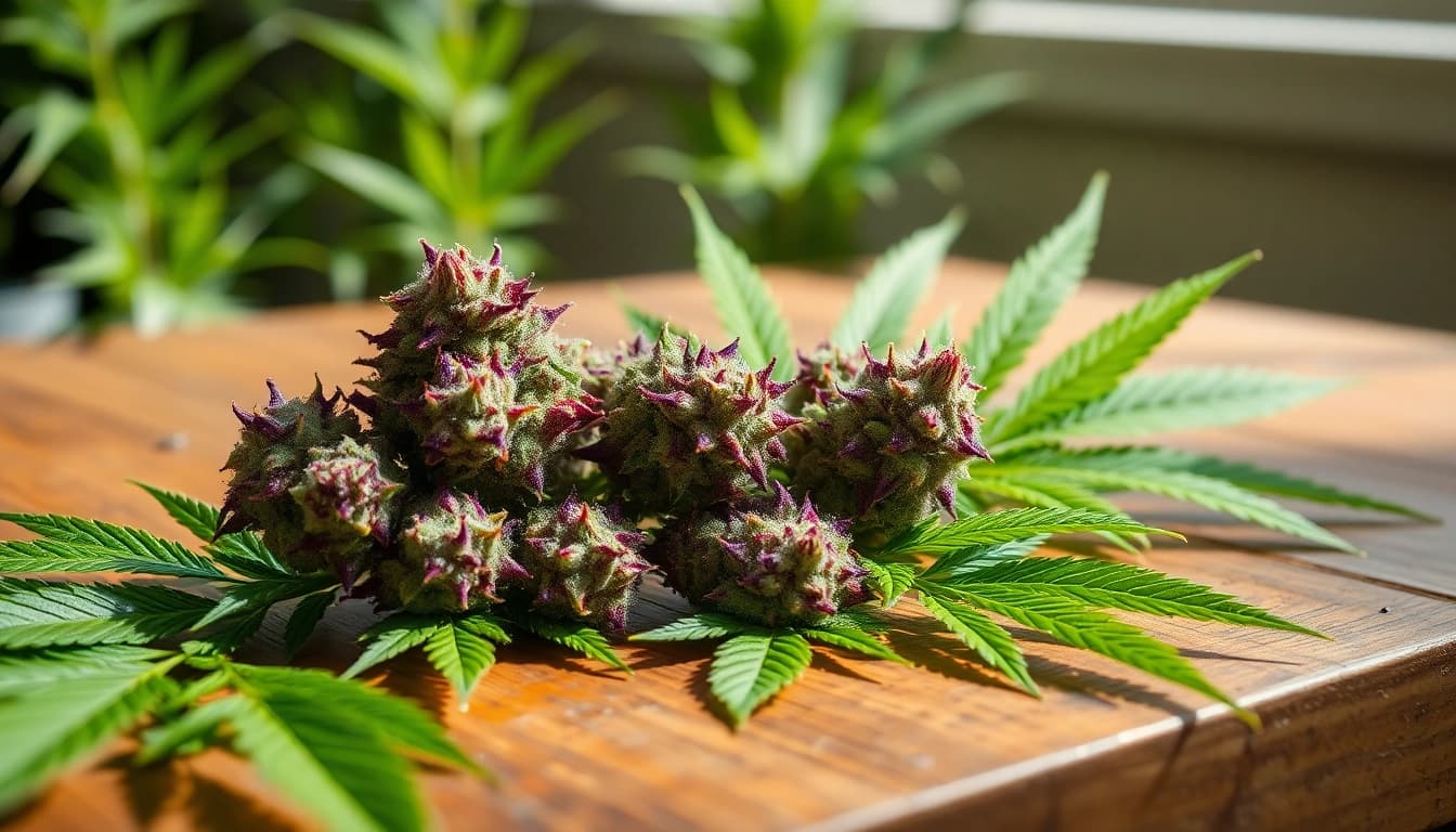 Admire the Miami Runtz strain buds showcasing vibrant colors and textures on a rustic surface.