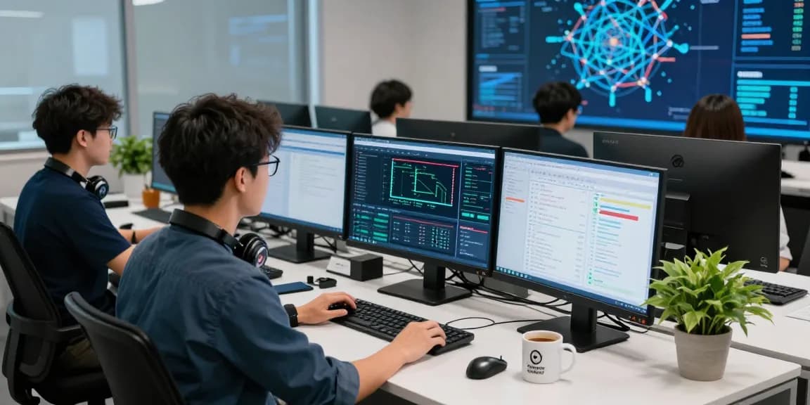 Cybersecurity professional analyzing cybersecurity threats on shs-dome5.com, with multiple screens displaying real-time data.