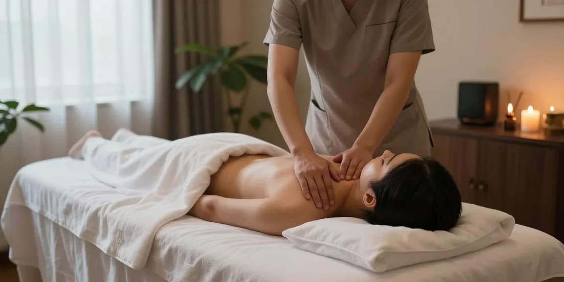 Relaxing 대구마사지 session in serene spa with therapist and client on massage table.