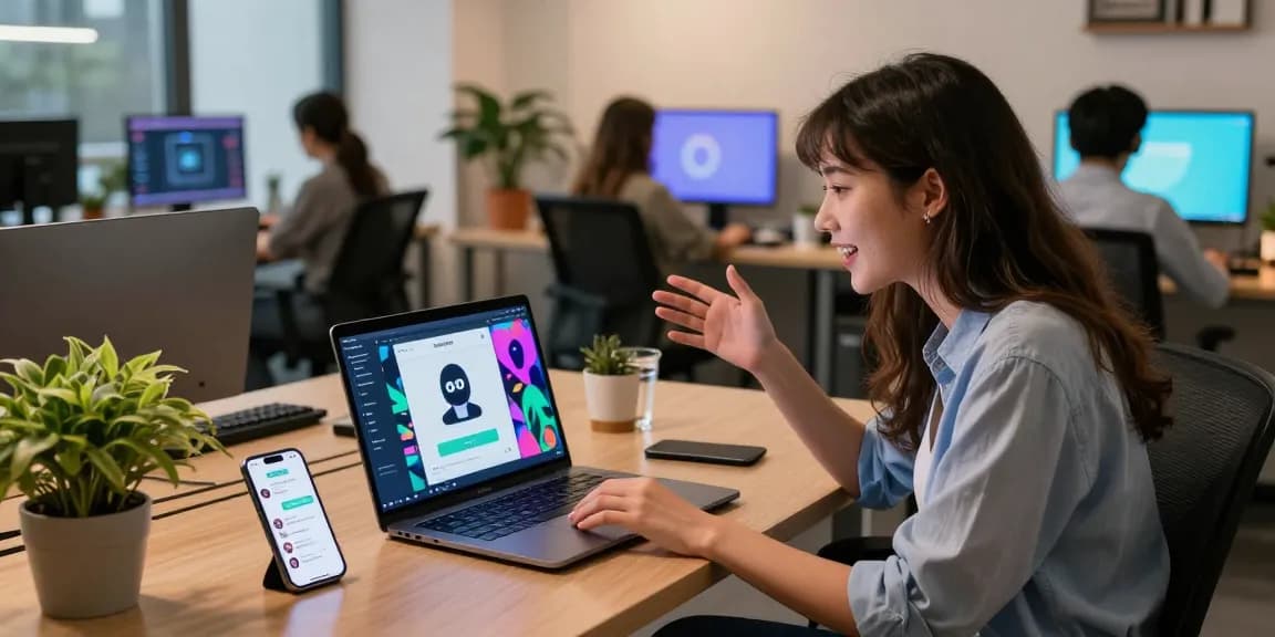 Engaging scene of a woman interacting with her NSFW AI chatbot in a vibrant tech workspace, showcasing digital customization features.