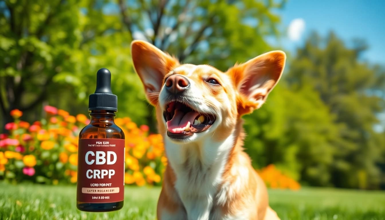 Happy dog playing outdoors with CBD For Pet product, showcasing health benefits.