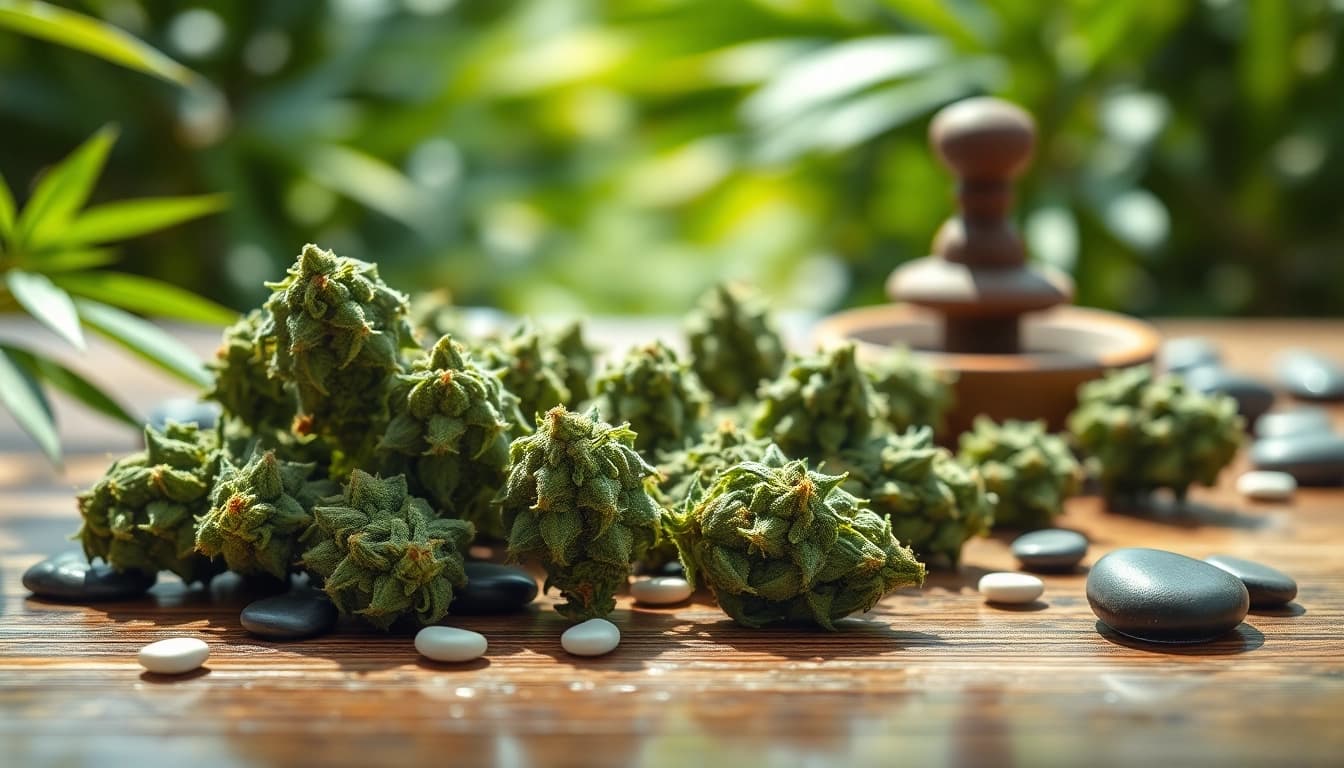 A visually stunning arrangement of Mental Wellness CBD buds on a wooden table, emphasizing their therapeutic qualities.