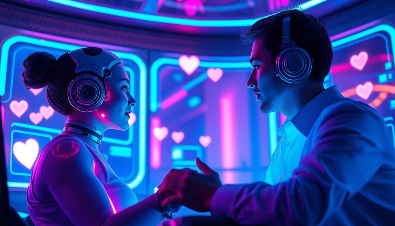 Engaging users in ai porn chat with futuristic AI avatars in a digital environment.