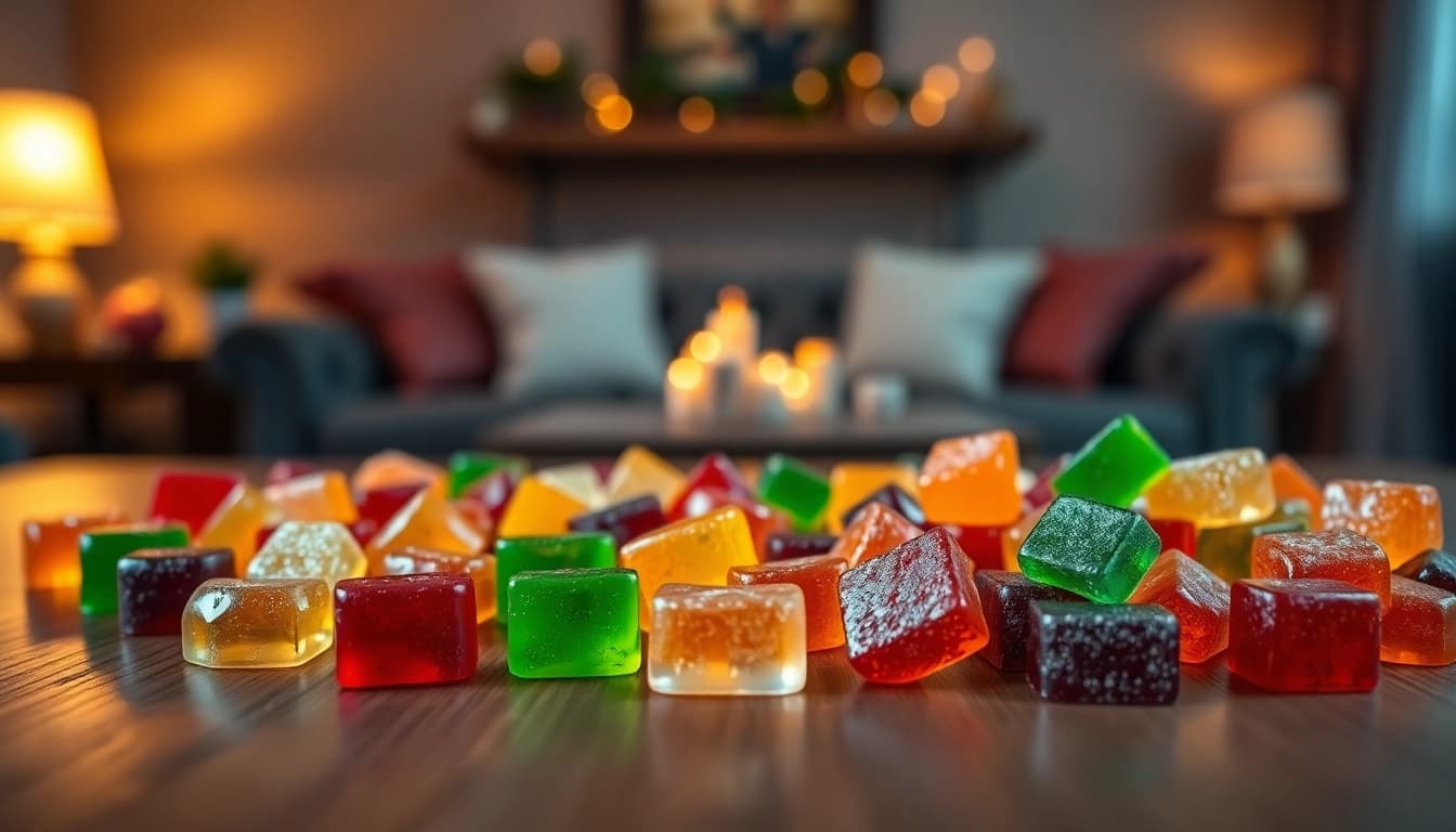 Indulge in vibrant Weed Gummies displayed on a wooden table, emphasizing their colorful textures.