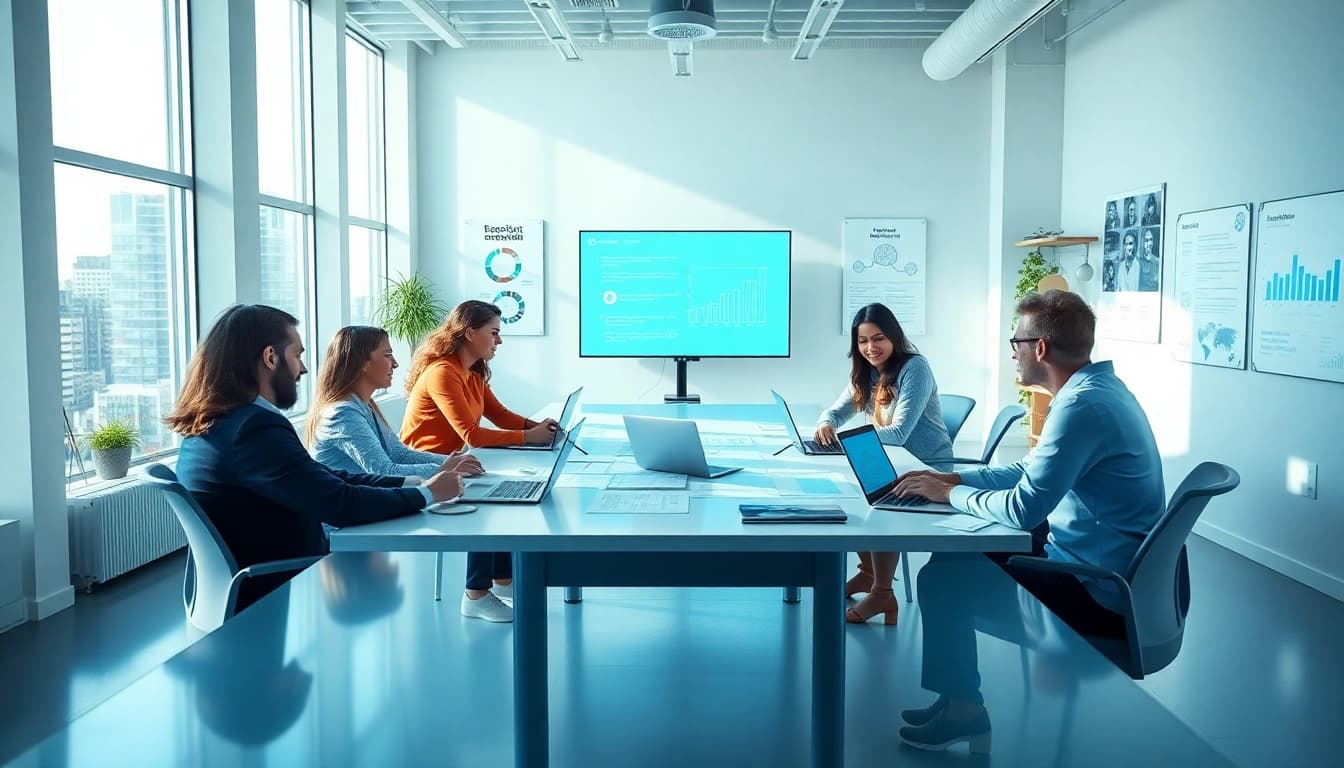 Website redesign NYC collaboration in a modern office environment showcasing a diverse team brainstorming.