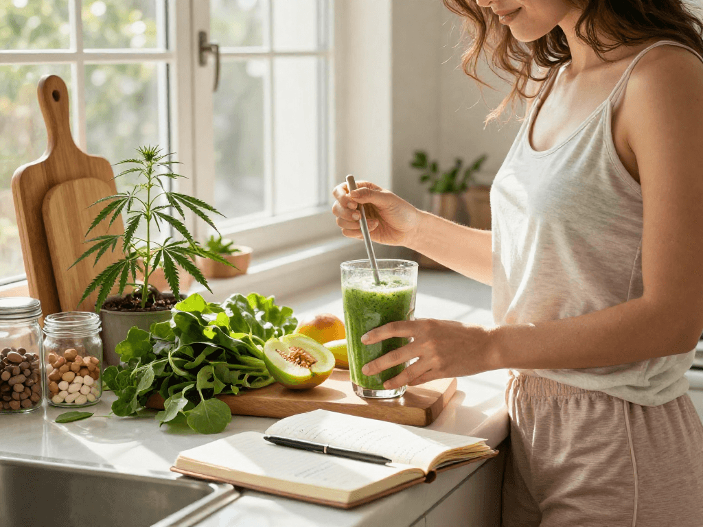 Online dispensary delivery of premium CBD oil and wellness supplements in a bright kitchen setting, highlighting natural ingredients for a healthy lifestyle.