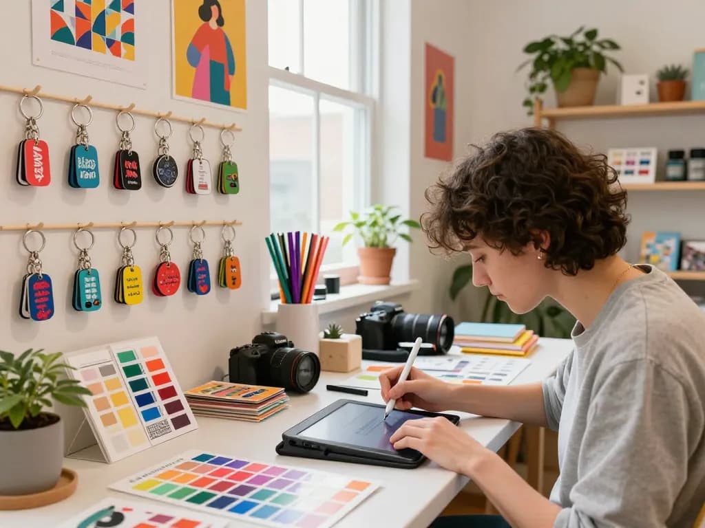 Customized keychain design process in a vibrant studio with various creative materials.