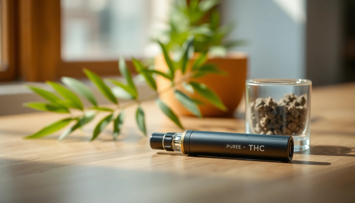 Enjoying pure THC vape pen disposable positioned elegantly on a wooden table with greenery.