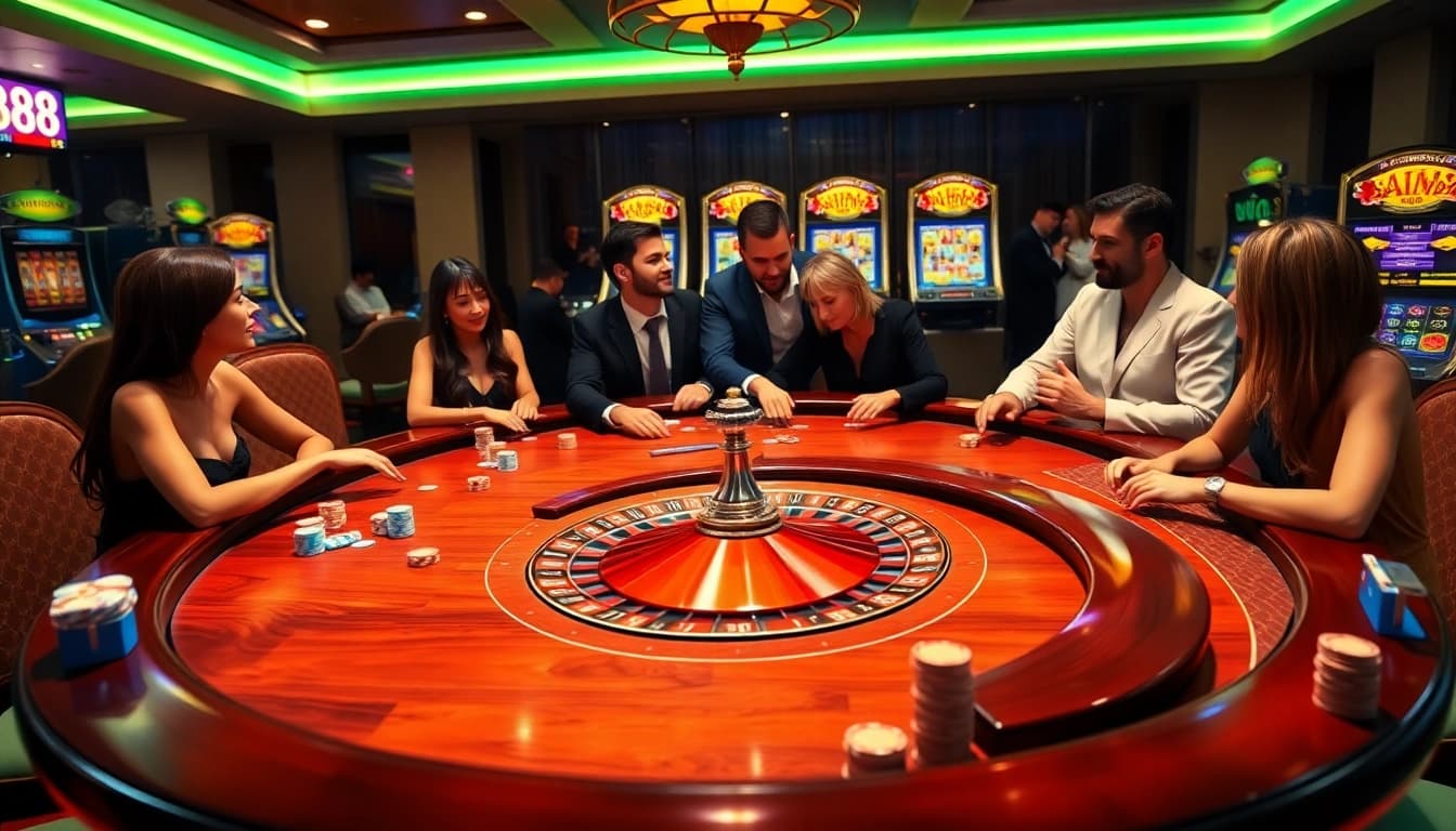 Experience thrilling games at mg188 with players enjoying poker and roulette in a vibrant casino.