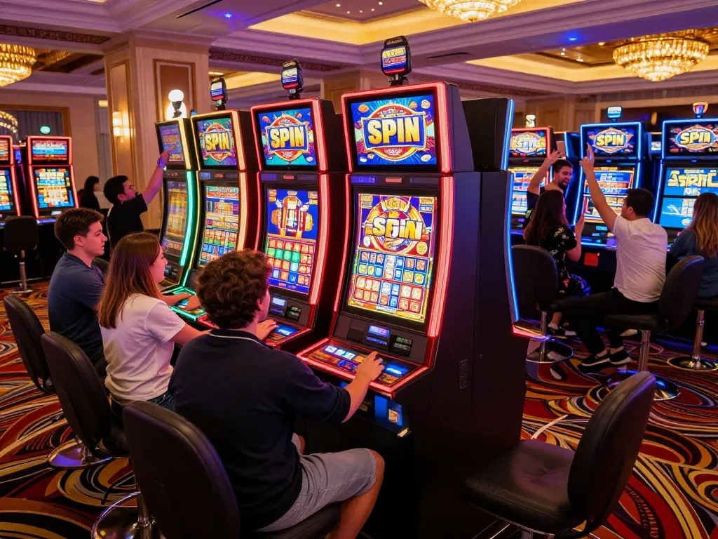 Players joyfully interacting with slot machines in vibrant casino environment during a slot bet 200 perak game.