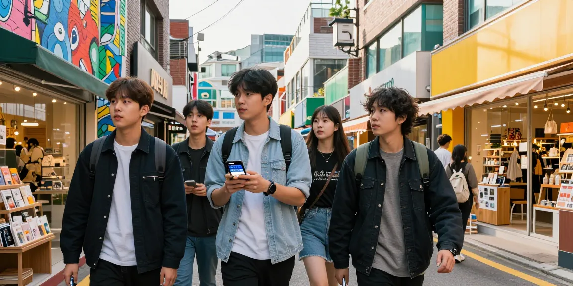 Group exploring Incheon local shops using a shopping app showcasing vibrant urban culture and shopping experiences.