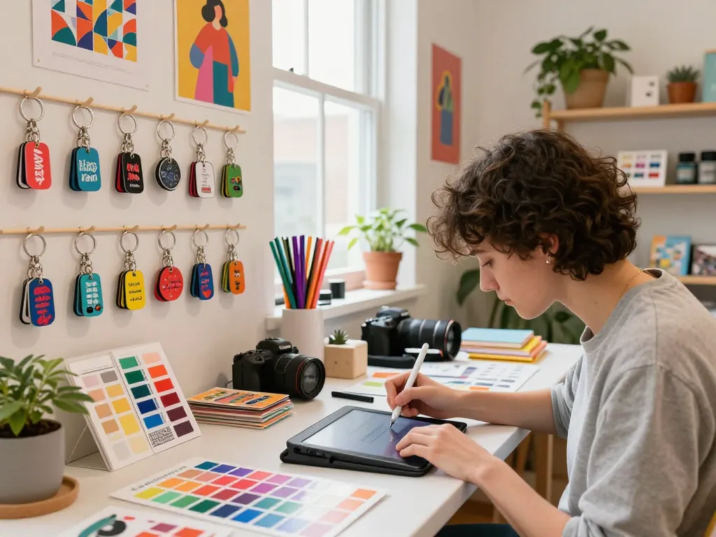 Customized keychain design process in a vibrant studio with various creative materials.