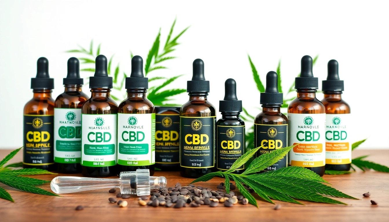 Showcase CBD oil products arranged beautifully on a wooden table with natural hemp plants.