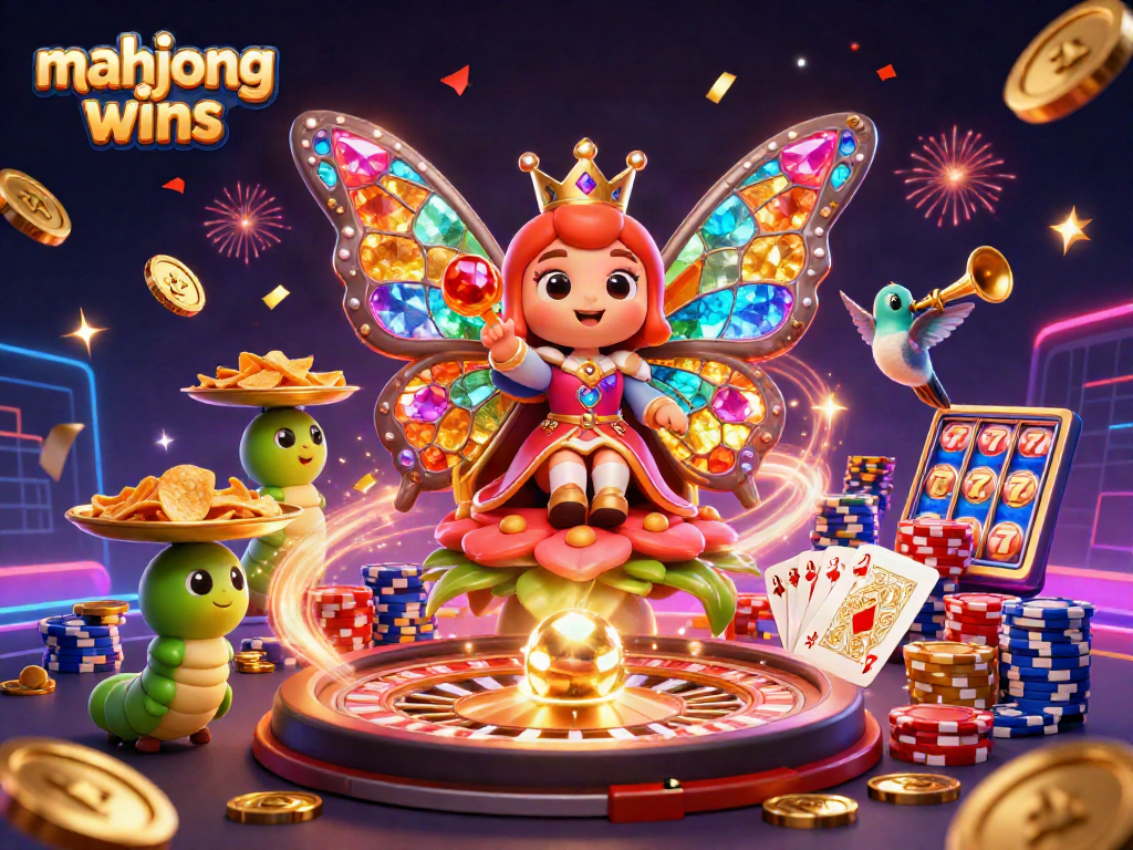 Experience mahjong wins with a vibrant 3D illustration showcasing casino elements and a butterfly queen.
