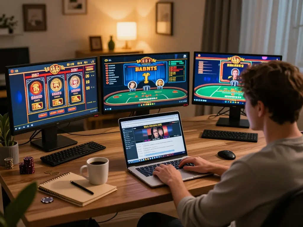 HB88 player engaging with online casino games at home, embodying responsible gaming.