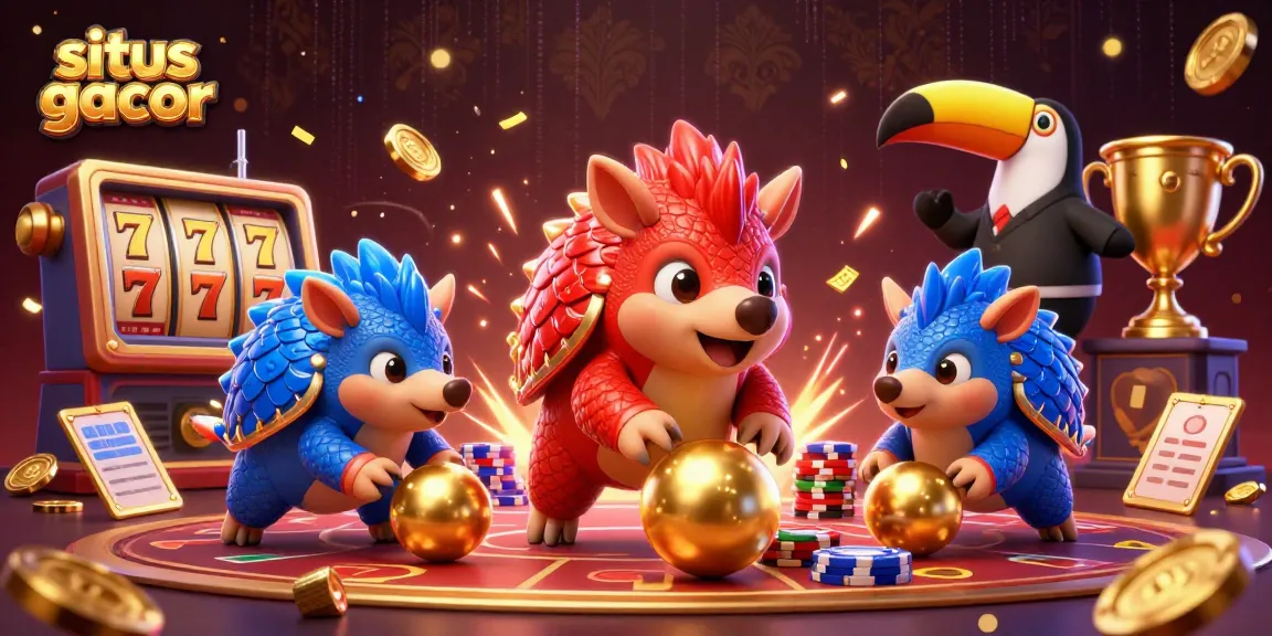 Play the situs gacor slots with animated pangolins and jackpot symbols in a vibrant casino atmosphere.