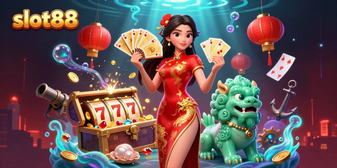 Engage with slot88 at a vibrant casino with lucky symbols and captivating characters.