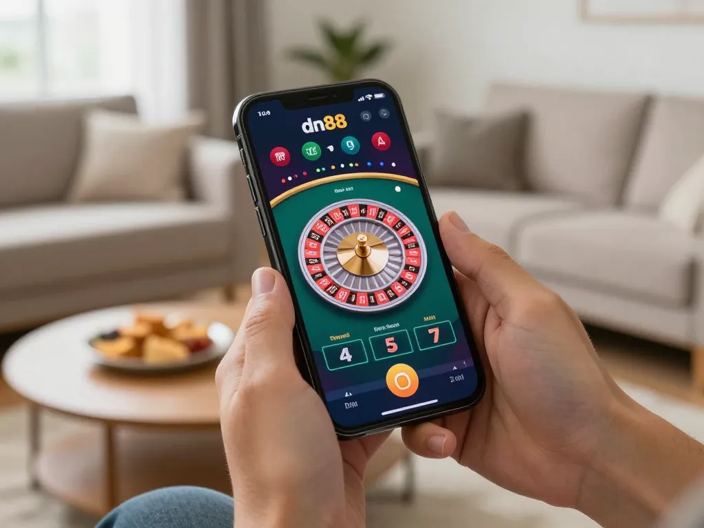 Engaging gameplay using app dn88 showcasing a live roulette wheel on smartphone in cozy home setup