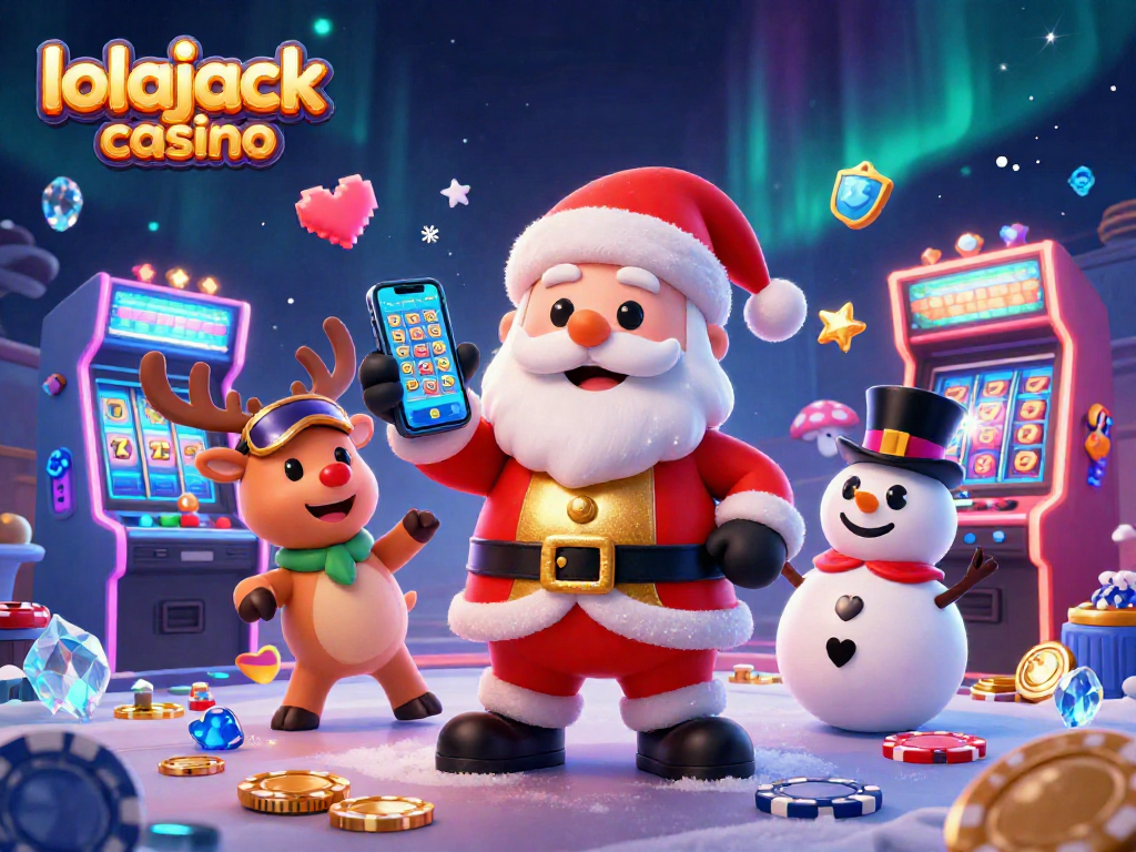 Experience festive fun at lolajack casino with Santa, reindeer, and a chip-hat snowman in a vibrant gaming scene.