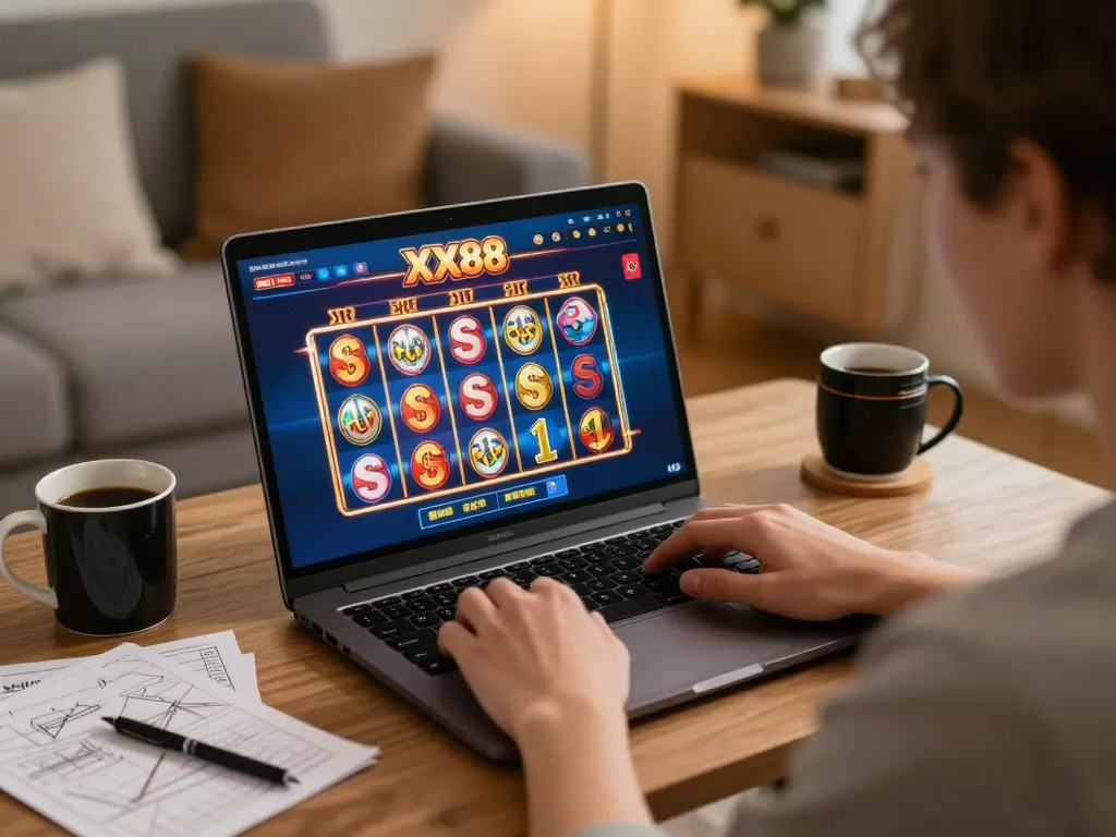 Player enjoying online slot games at xx88 in a cozy home environment