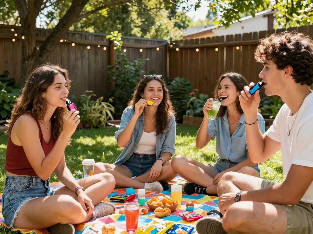 Friends enjoying Packwoods disposable 2 gram vapes in a lively outdoor setting, surrounded by snacks and greenery.
