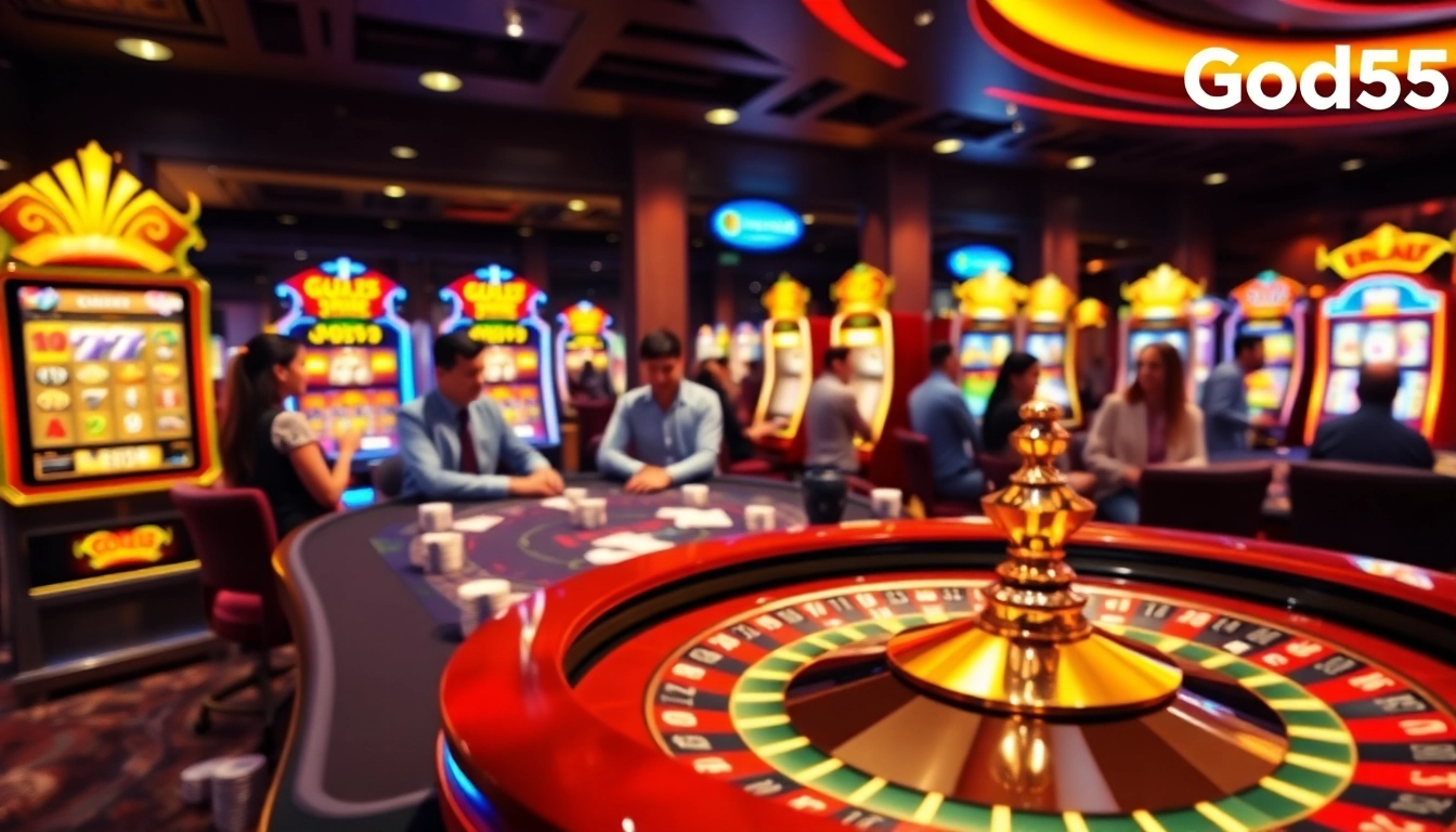 Players enjoying a thrilling online casino experience at God55 with vibrant tables and slot machines.