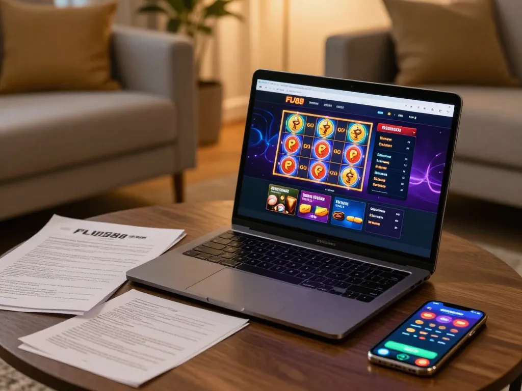 Play engaging fly88 casino games on a laptop in a cozy home setup for strategic gameplay.