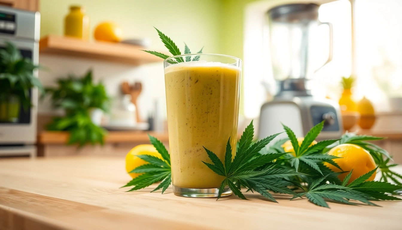 Crafting a cannabis shake with fresh ingredients in a bright kitchen.