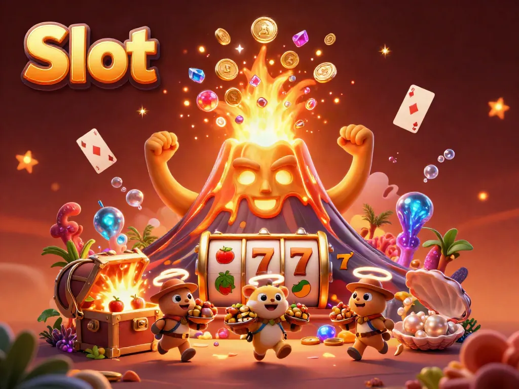 Rasakan sensasi Slot dengan gunung berapi emas yang meletus, harta karun, dan simbol buah dalam ilustrasi 3D yang menarik.