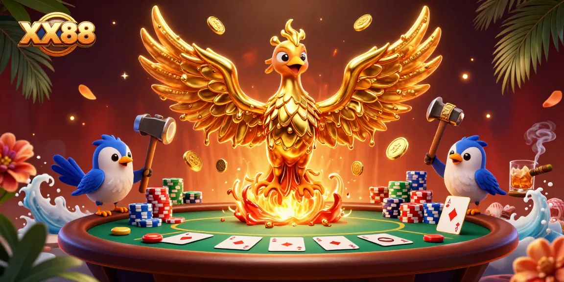 Join the exciting action at XX88 with a dynamic golden phoenix surrounded by poker elements and vibrant casino features.