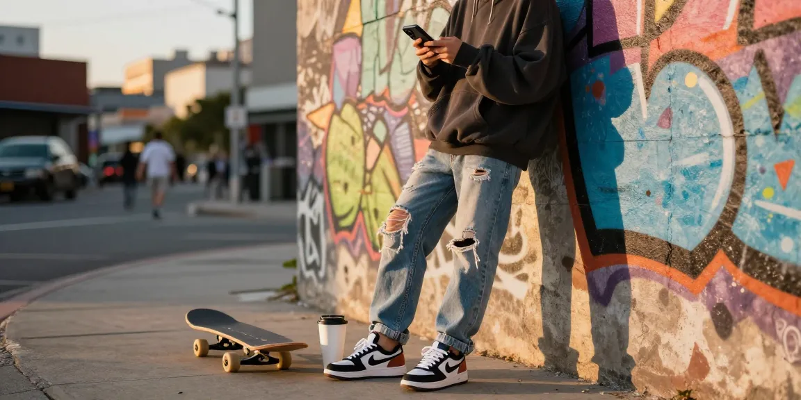 Streetwear fashion model engaging with social media trends at https://shs-dome5.com/ in vibrant urban setting.