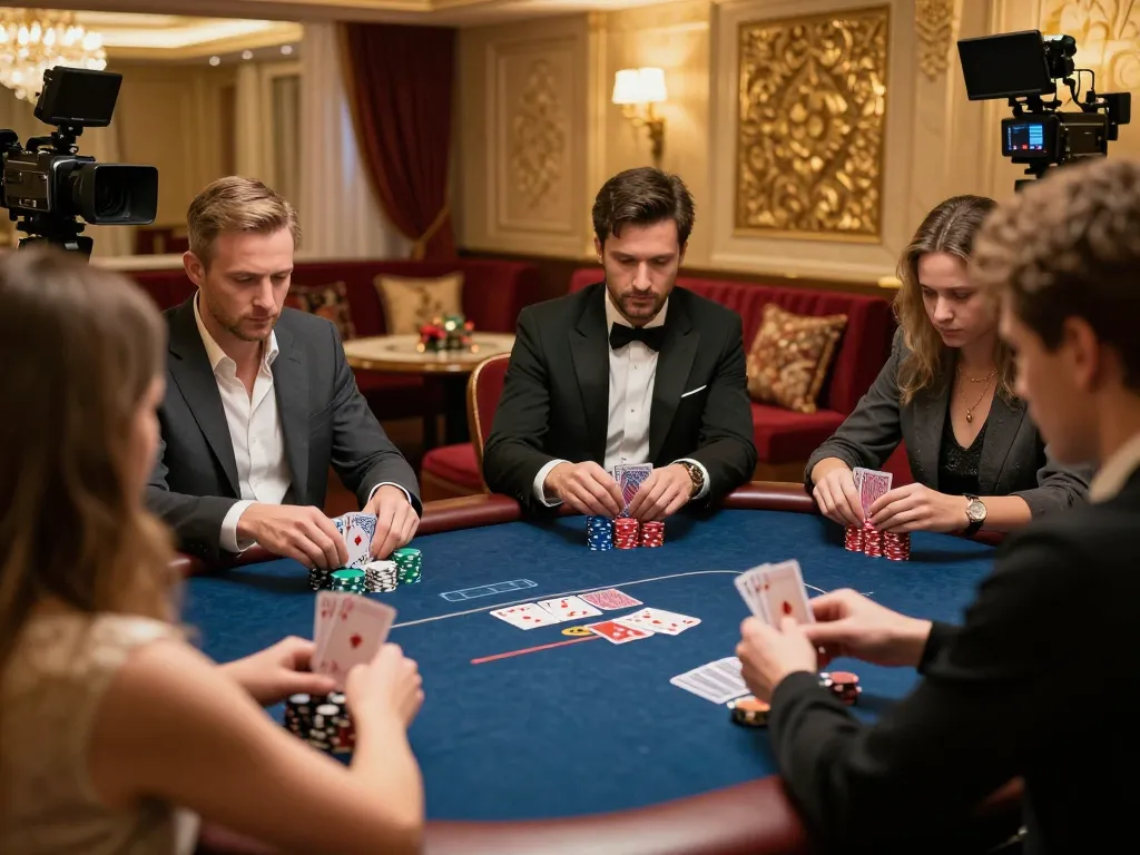 Players engaged in a tense poker match at betbet's private gaming room showcasing high stakes.