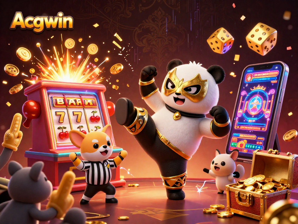 Experience thrilling casino action with Acgwin, featuring a flying panda wrestler and vibrant slot elements.