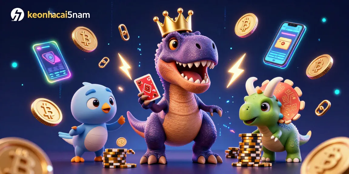 Bet on keonhacai5nam with vibrant 3D cartoon casino scene featuring dinosaurs in action.