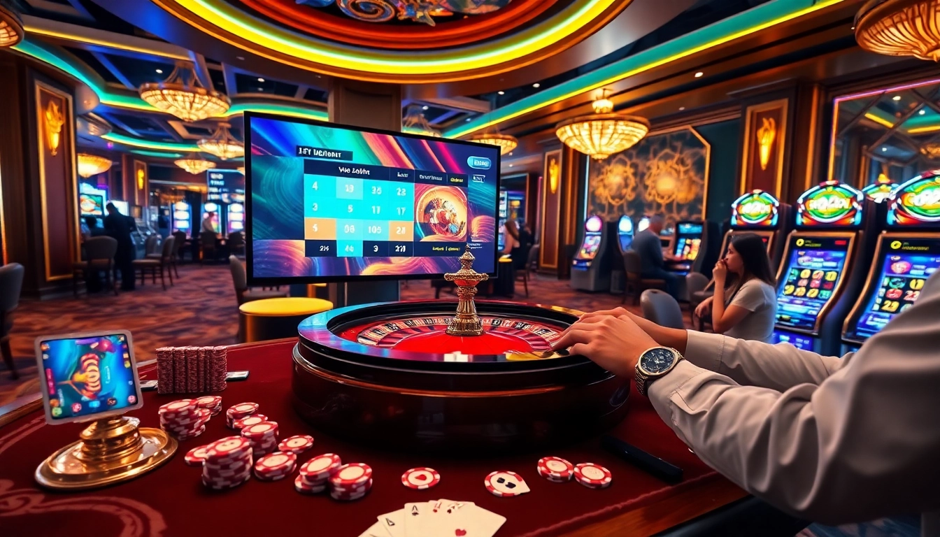 Experience Gopay88 Daftar with players engaging at luxurious casino tables filled with vibrant gaming elements.