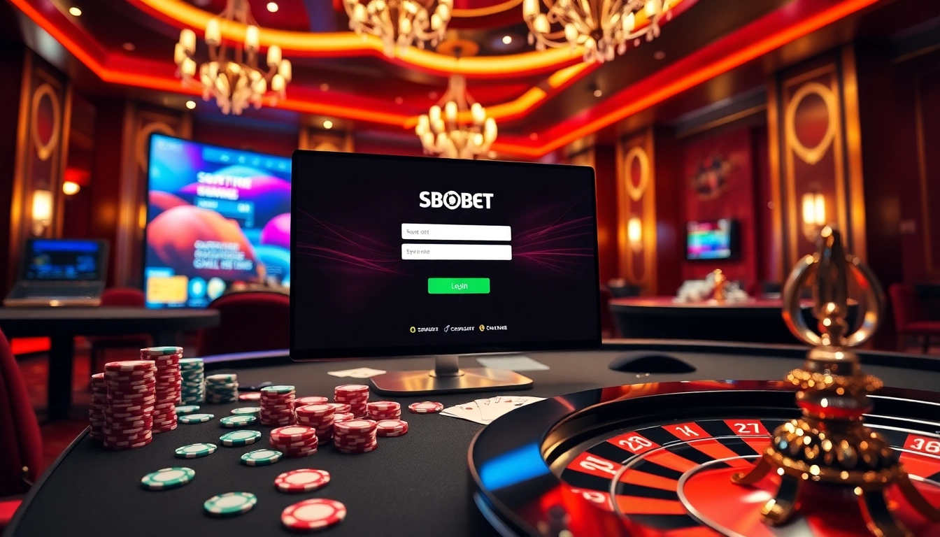 Experience sbobet login seamlessly within a vibrant casino atmosphere filled with poker chips and a roulette wheel.