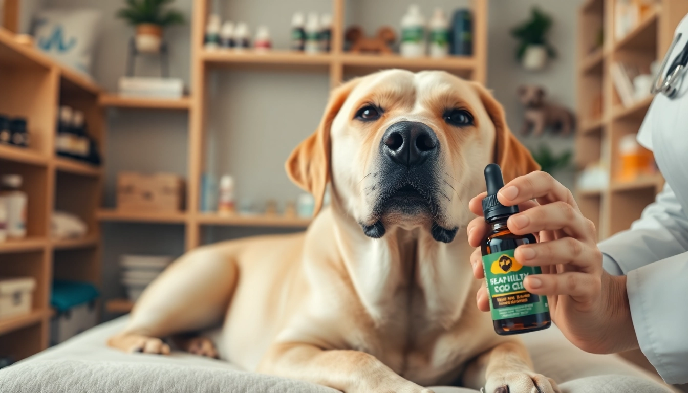 Dog enjoying CBD Oil For Dog treatment in a welcoming veterinary clinic environment.